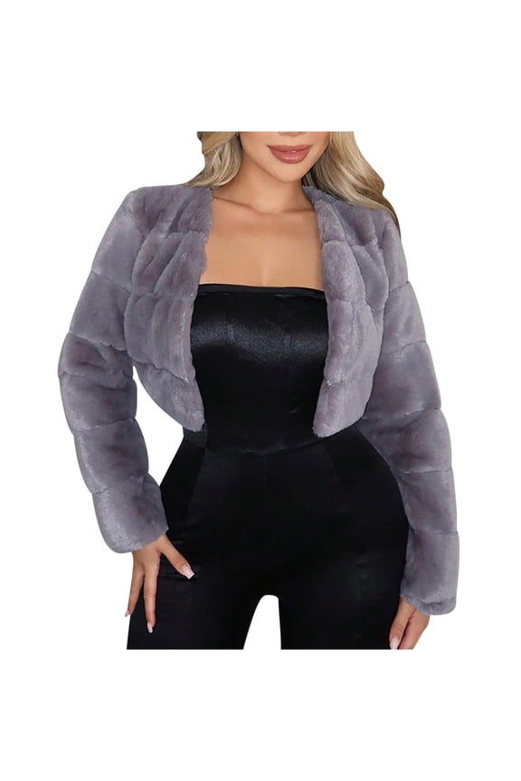 Womens Cropped Faux Fur Jackets Long Sleeve Open Front Fluffy Short Coats Fall and Winter Fashion Puffy Fuzzy Lovely Shearling Shaggy Jacket Gray XXL