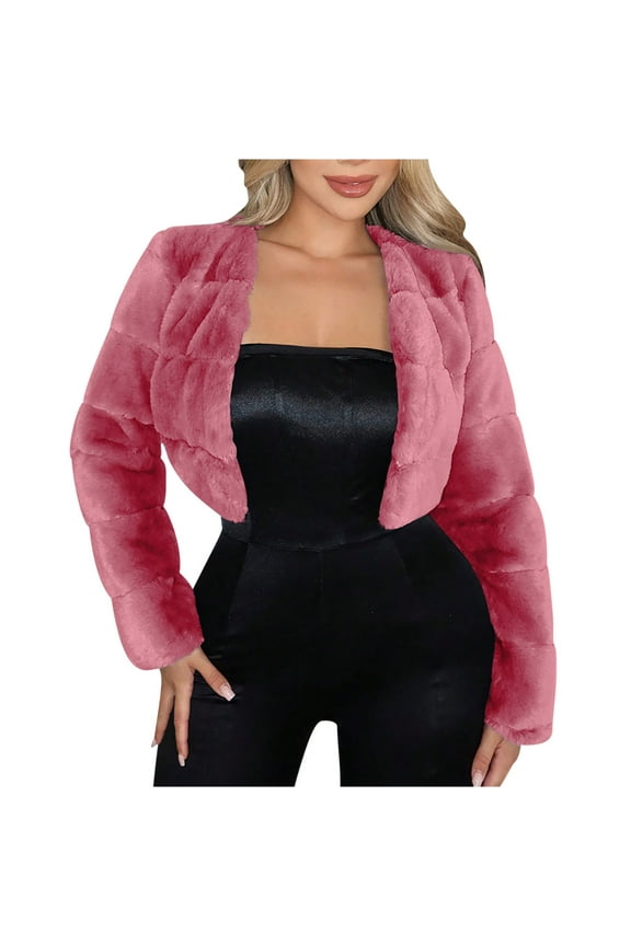 Womens Cropped Faux Fur Jackets Long Sleeve Open Front Fluffy Short Coats Fall and Winter Fashion Puffy Fuzzy Lovely Shearling Shaggy Jacket Pink XXL