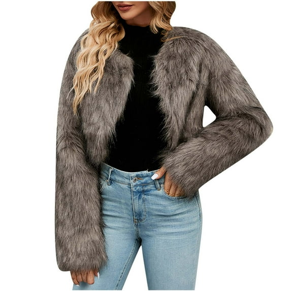 Elabch Womens Cropped Faux Fur Jackets Winter Long Sleeve Open Front Fluffy Short Coats Fall and Winter Fashion Puffy Fuzzy Lovely Shearling Shaggy Jacket Coffee 3XL