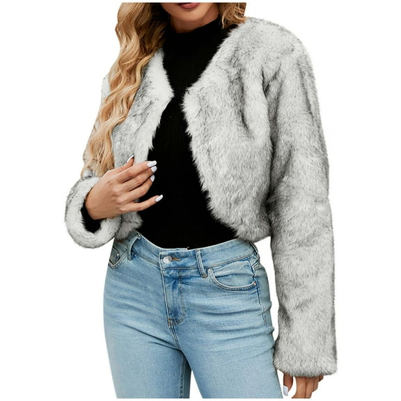 Elabch Womens Cropped Faux Fur Jackets Winter Long Sleeve Open Front Fluffy Short Coats Fall and Winter Fashion Puffy Fuzzy Lovely Shearling Shaggy Jacket Gray L