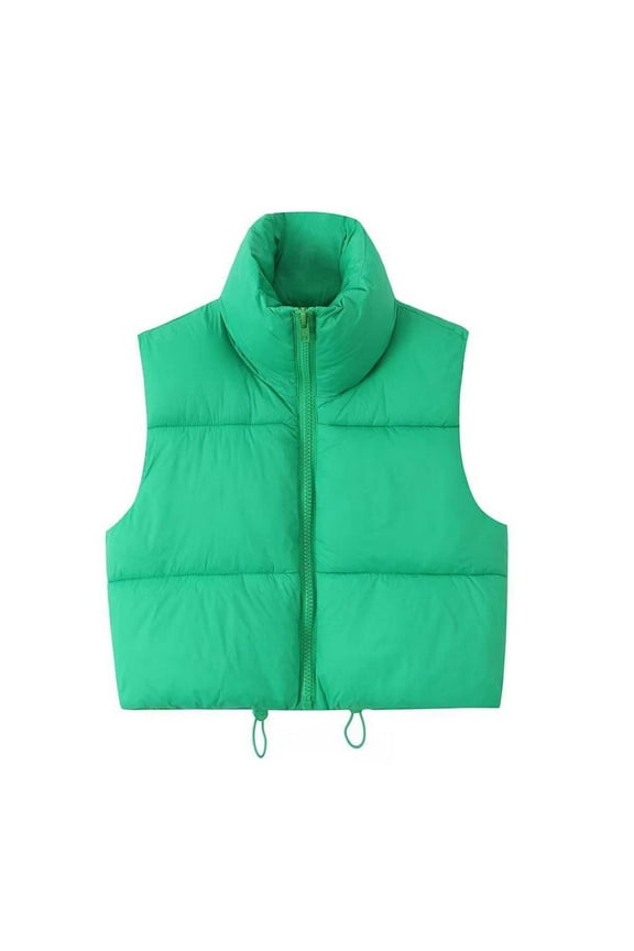 Womens Cropped Puffer Vest Zip Up Stand Collar Sleeveless Padded Crop Puffy Vests Cotton Elastic Hem Warm Outerwear Gilet Green M