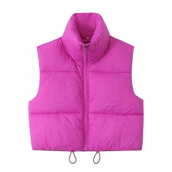 Elabch Womens Cropped Puffer Vest Zip Up Stand Collar Sleeveless Padded Crop Puffy Vests Cotton Elastic Hem Warm Outerwear Gilet Purple M