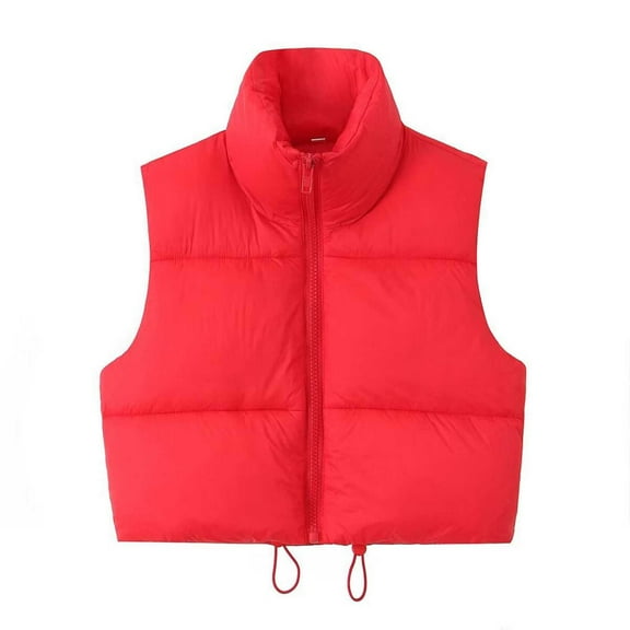Elabch Womens Cropped Puffer Vest Zip Up Stand Collar Sleeveless Padded Crop Puffy Vests Cotton Elastic Hem Warm Outerwear Gilet Red S