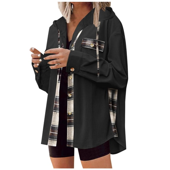 Elabch Womens Flannel Shacket Jacket Casual Corduroy Plaid Button Down Shirts Hooded Long Sleeve Fall Tops with Pockets Black S