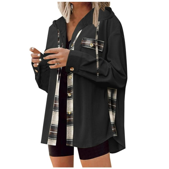 Elabch Womens Flannel Shacket Jacket Casual Corduroy Plaid Button Down Shirts Hooded Long Sleeve Fall Tops with Pockets Black XXL
