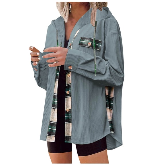 Elabch Womens Flannel Shacket Jacket Casual Corduroy Plaid Button Down Shirts Hooded Long Sleeve Fall Tops with Pockets Blue S