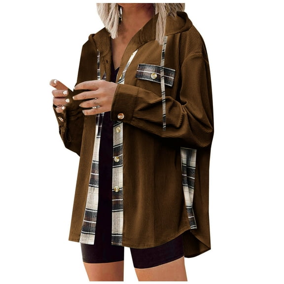 Elabch Womens Flannel Shacket Jacket Casual Corduroy Plaid Button Down Shirts Hooded Long Sleeve Fall Tops with Pockets Brown L