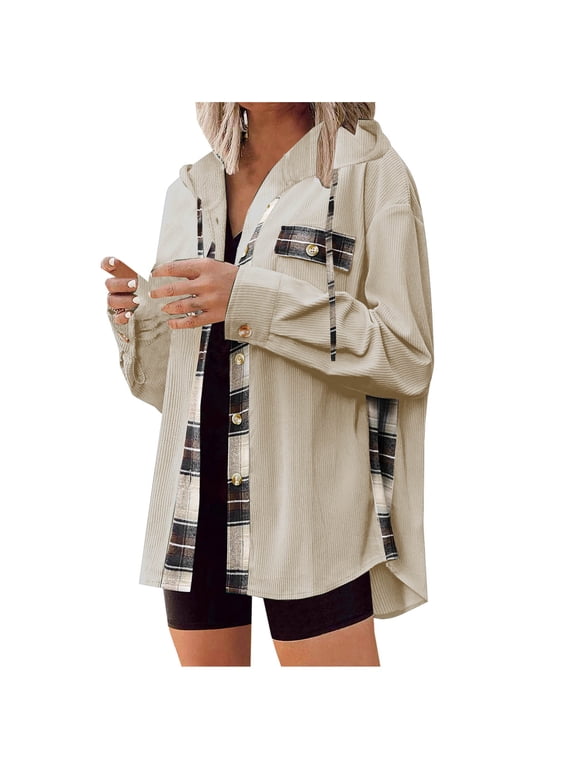 Womens Flannel Shacket Jacket Casual Corduroy Plaid Button Down Shirts Hooded Long Sleeve Fall Tops with Pockets Khaki S