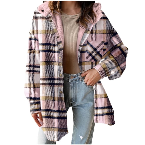 Elabch Womens Long Sleeve Button Down Plaid Shirts Flannel Hooded Shacket Jacket Hoodie Coats with Pocket Pink L