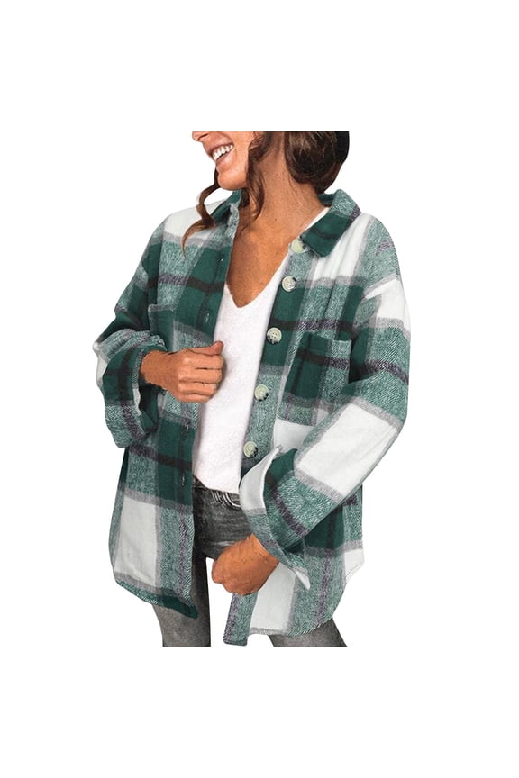 Womens Long Sleeve Plaid Shirts Flannel Lapel Button Down Shacket Jacket Coats Plus Size Adjustable Button Cuff Coats with Pocket Green 3XL