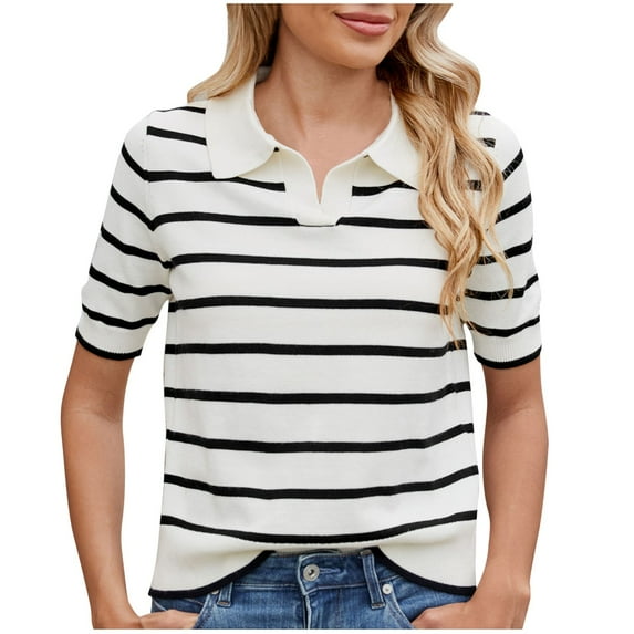 Elabch Womens Short Sleeve Tops Striped Sweater Pullover Lapel Knit Short Sleeve Sweater Tops Black L
