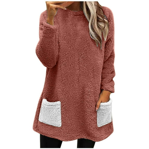 Elabch Womens Warm Sherpa Lined Sweatshirt Pullover Plus Size Long Sleeve Crewneck Fleece Lined Shirts Loungewear Tops Winter Warm Patchwork Plush Long Thermal Top with Pocket Red S