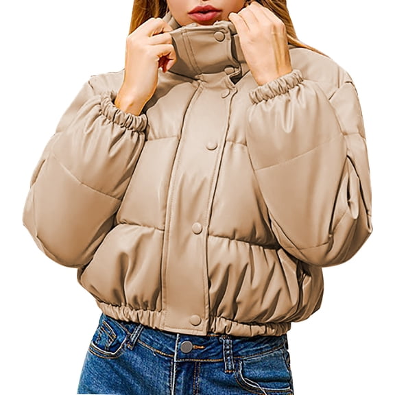 Elabch Womens Winter Quilted Jackets Button Puffer Jacket PU Leather Jacket Long Sleeve Stand Collar Waterproof Thicken Fashions Puffer Jacket Khaki M