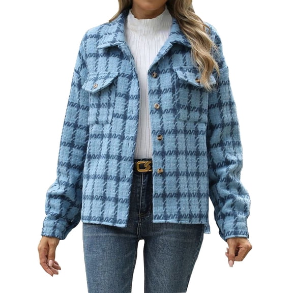 Elabch Womens Wool Plaid Jackets Button Down Lapel Shacket Fashion Fall Long Sleeve Cropped Coats with Pocket Blue M