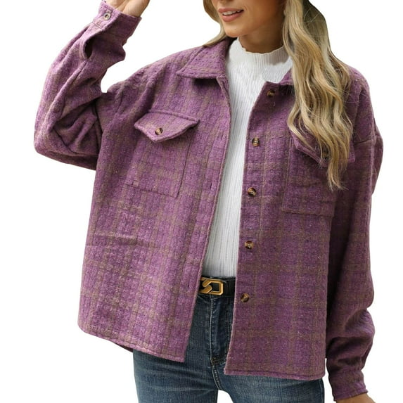 Elabch Womens Wool Plaid Jackets Button Down Lapel Shacket Fashion Fall Long Sleeve Cropped Coats with Pocket Purple XL