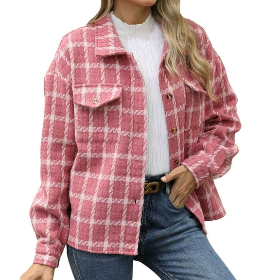 Elabch Womens Wool Plaid Jackets Button Down Lapel Shacket Fashion Fall Long Sleeve Cropped Coats with Pocket Red L