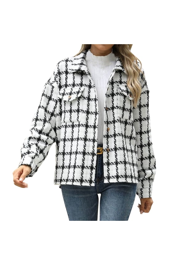 Womens Wool Plaid Jackets Button Down Lapel Shacket Fashion Fall Long Sleeve Cropped Coats with Pocket White XL