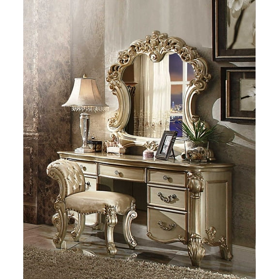 Elaborate Carved Gold Patina Finish Desk Vanity Dressing Table with 7 Drawers