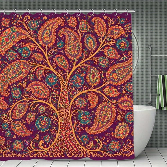 Elaborate Paisley Tree of Life Design Print Shower Curtain 70.8×70.8Inch,Modern Fabric Waterproof Polyester Bathroom Home Decor Set with Hooks