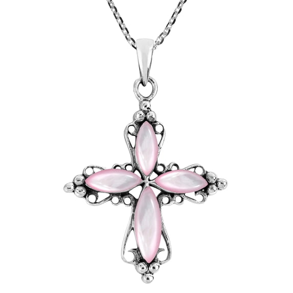 Elaborate and Pretty Pink Cross Seashell on Sterling Silver Pendant Necklace