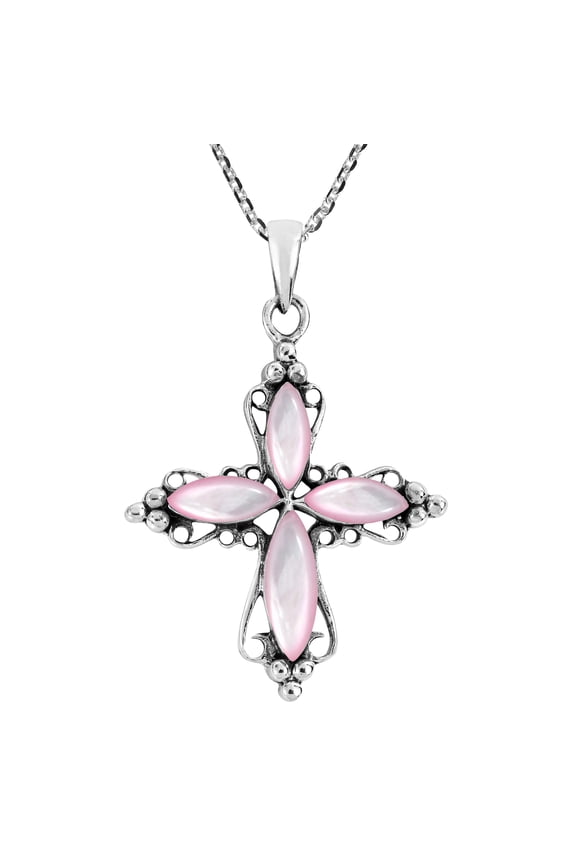 Elaborate and Pretty Pink Cross Seashell on Sterling Silver Pendant Necklace