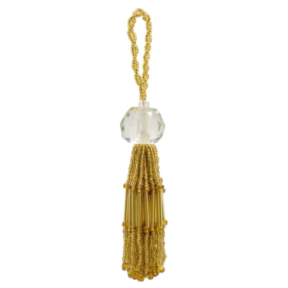 Elaborately Handcrafted Beaded 4" Key Tassel, 2" Loop entirely Hand-Strung featuring a beautifully Faceted Crystal # KTLB4, Clear Dark Gold #C4CLR (Yellow Gold, Clear, Golden Beige) Sold Individually