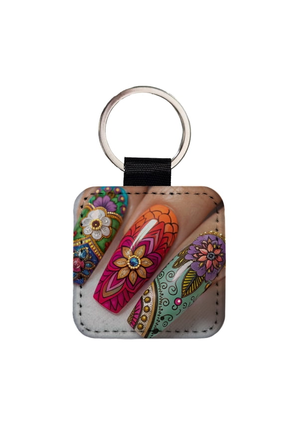 Elaborately Painted Decorated Finger Nails Faux Leather Square Keychain