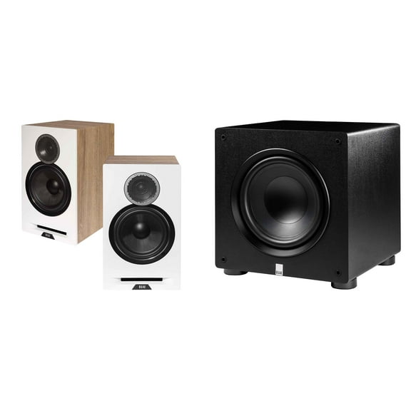 Elac DBR62-W - Debut Reference 6.5" Bookshelf Speakers - White, Pair and Elac PS350-BK - Varro Premium 12" 350 Watt Powered Subwoofer with Auto-EQ