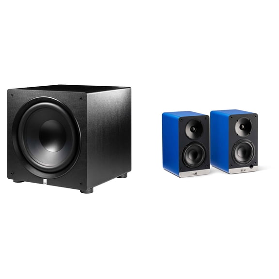 Elac DCB41-BL - Debut ConneX 4.5" Powered Speakers - Blue, Pair and Elac PS500-BK - Varro Premium 15" 500 Watt Powered Subwoofer with Auto-EQ