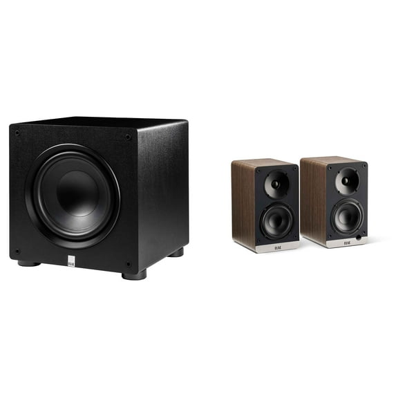 Elac DCB41-WN - Debut ConneX 4.5" Powered Speakers - Walnut, Pair and Elac PS350-BK - Varro Premium 12" 350 Watt Powered Subwoofer with Auto-EQ