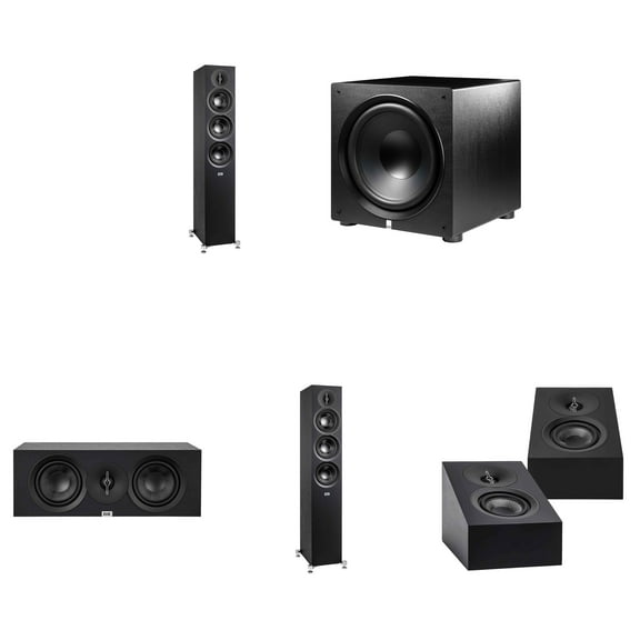 Elac DF53-BK - Debut 3.0 5.25" Floor Speaker - Black (Pair), ELAC DA43-BK Debut 3.0 - DA43-BK Atmos / On Wall speaker, Elac PS500 Subwoofer and Elac DC53 Center Channel