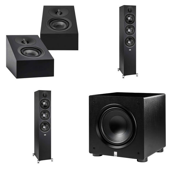 Elac DF63-BK - Debut 3.0 6.5" Floor Speaker - Black (Pair), ELAC DA43-BK Debut 3.0 - DA43-BK Atmos / On Wall speaker, and Elac PS250-BK - Varro Premium 10" 250 Watt Powered Subwoofer with Auto-EQ