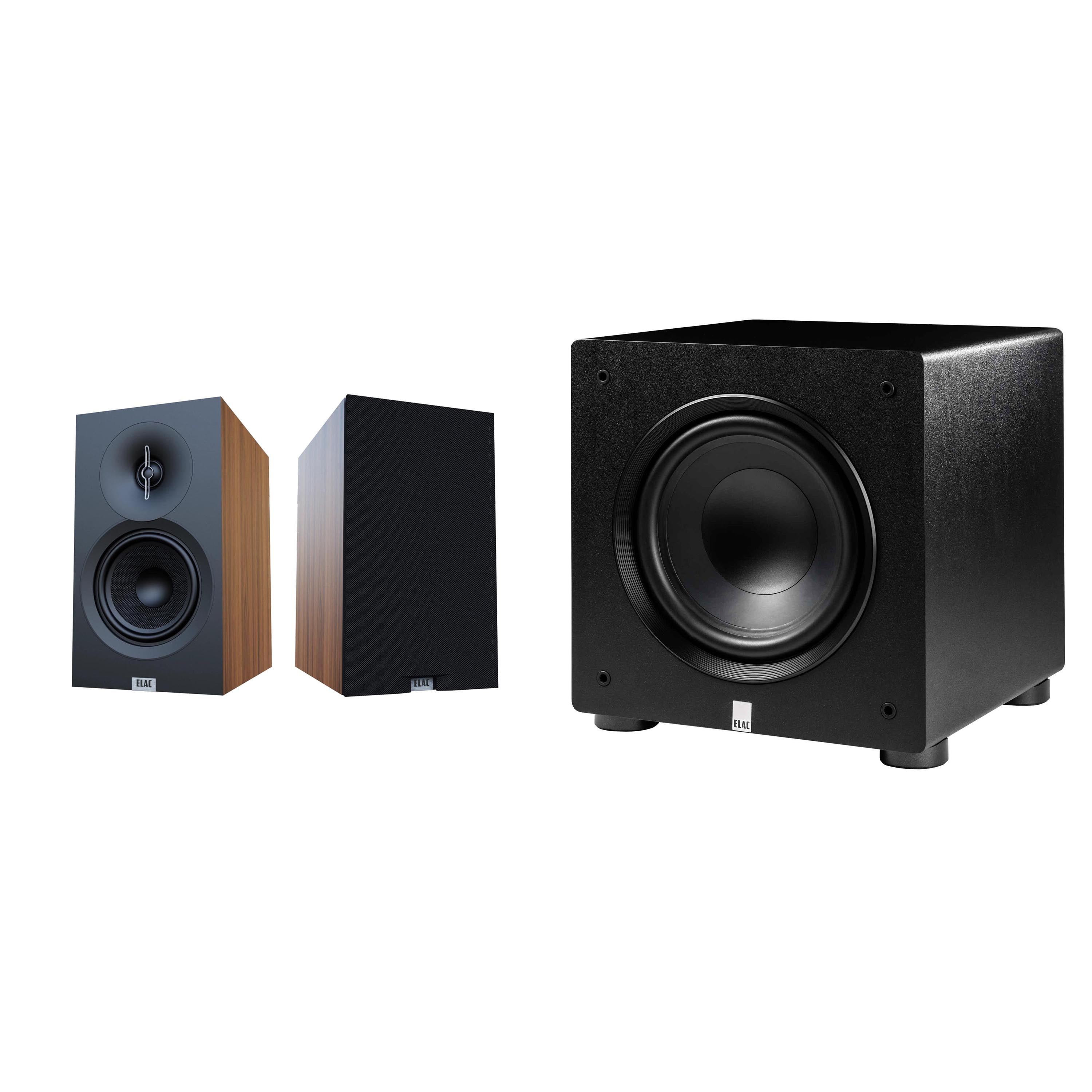 Elac Debut 3.0 Walnut 5.25 Inch Book Shelves With Elac Varro 10In Subwoofer