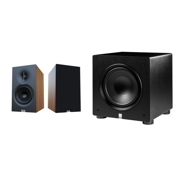 Elac Debut 3.0 Walnut 5.25 Inch Book Shelves With Elac Varro 10In Subwoofer