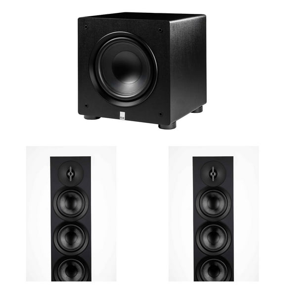 Elac - Two DF53-BK - Debut 3.0 5.25" Floor Speaker - Black and Elac PS250-BK - Varro Premium 10" 250 Watt Powered Subwoofer with Auto-EQ