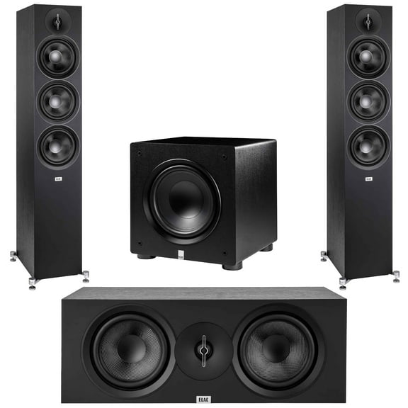 Elac - Two DF63-BK - Debut 3.0 6.5" Floor Speaker - Black, Elac DC63-BK - Debut 3.0 6.5" Center Speaker - Black and Elac PS250-BK - Varro Premium 10" 250 Watt Powered Subwoofer with Auto-EQ