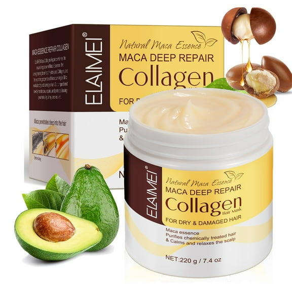 Elaimei Collagen Hair Mask Deep Repair Conditioning, Argan Oil Maca Collagen Hair Mask Essence for Dry Damaged Hair All Hair Types Deep Moisturizing 7.4 Oz