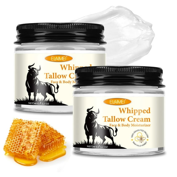 Elaimei Grass Fed Beef Tallow for Skin Care - Face + Body - Whipped Moisturizer with Raw Honey and Beeswax, Whipped Tallow Cream for Dry Skin 120g/4.02oz