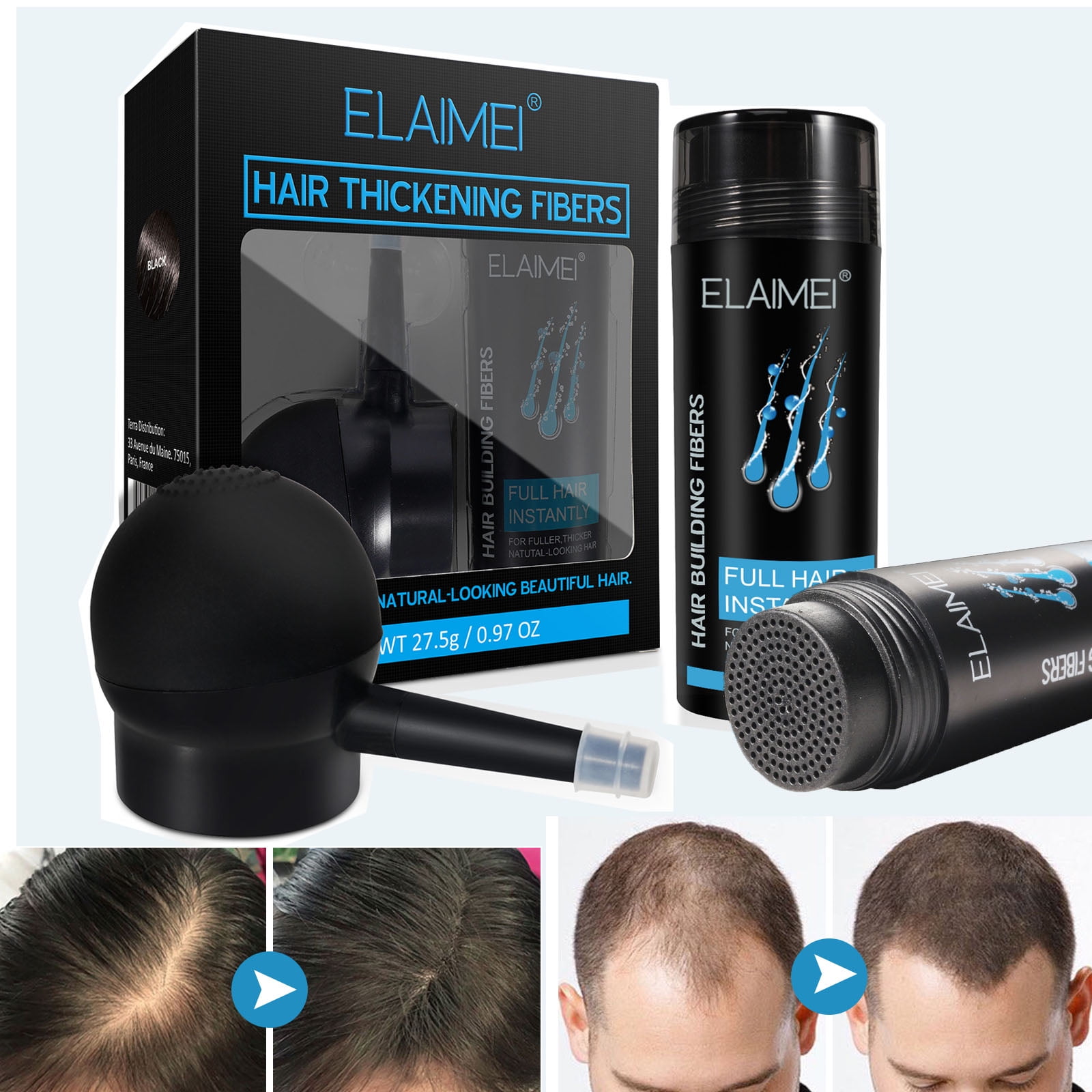 Elaimei Hair Building Fiber Black with Spay Pump for Thinning Hair