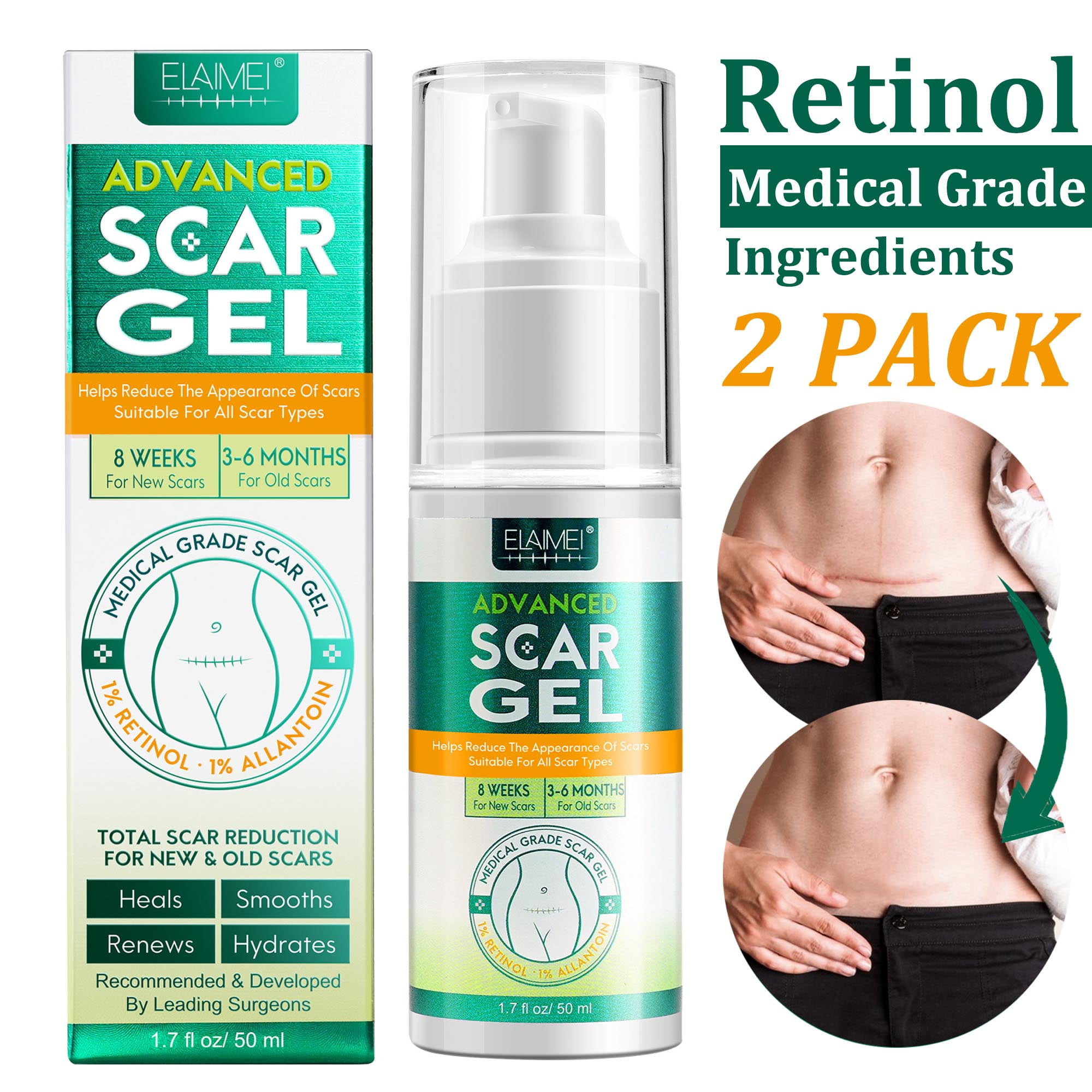 Elaimei Scar Gel Medical Grade 2 Pack, Scar Removal Treatment for Surgery,CSection,Keloid