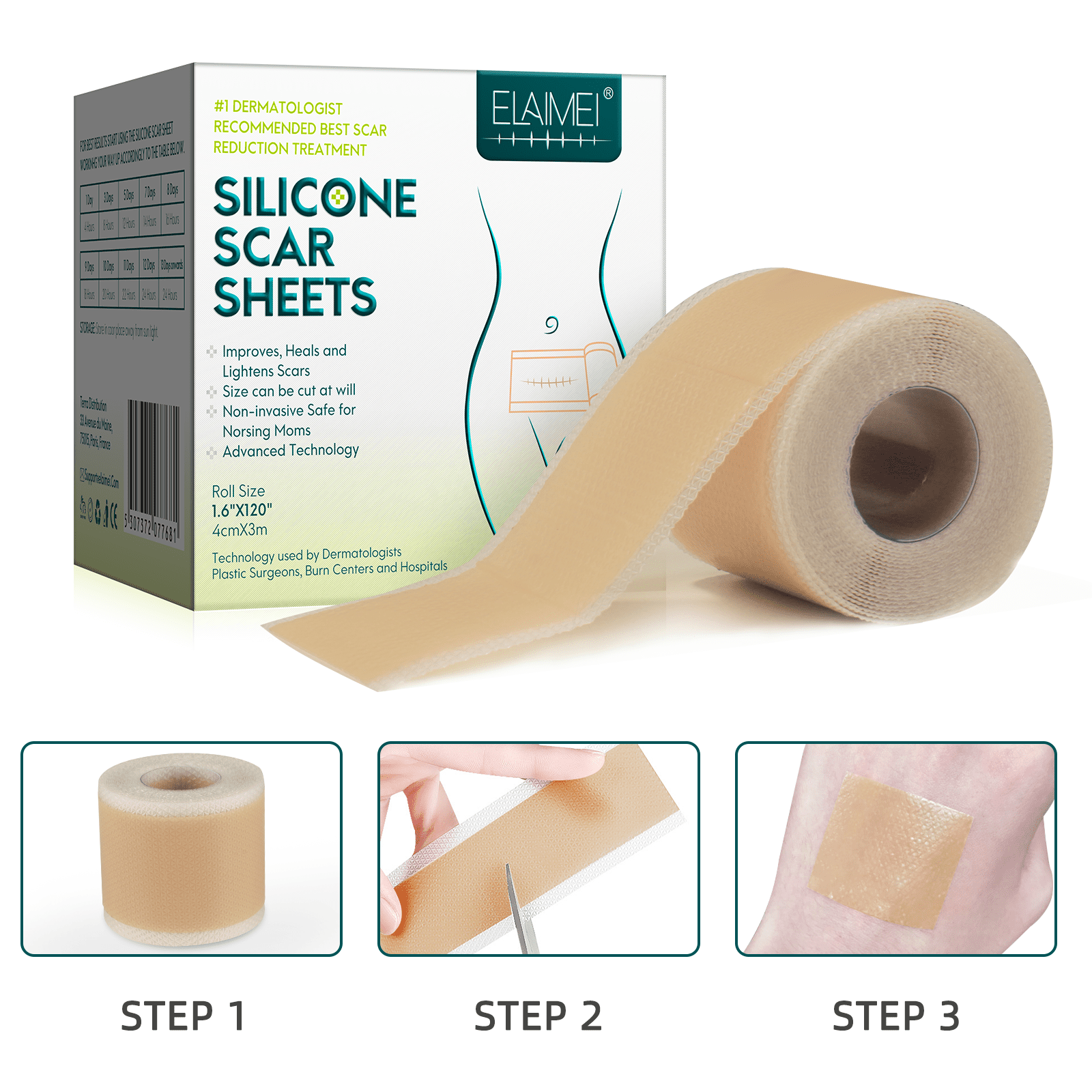 New Pale Skin Silicone Sheets Plus Silikan Upsize EX Long Tape Roll/Comfort  Relief Scar Discomfort Protection Disc/Tape Combo Long Strips/Breast  Surgery Scar Repair Must Have Bundle for Post Surgery