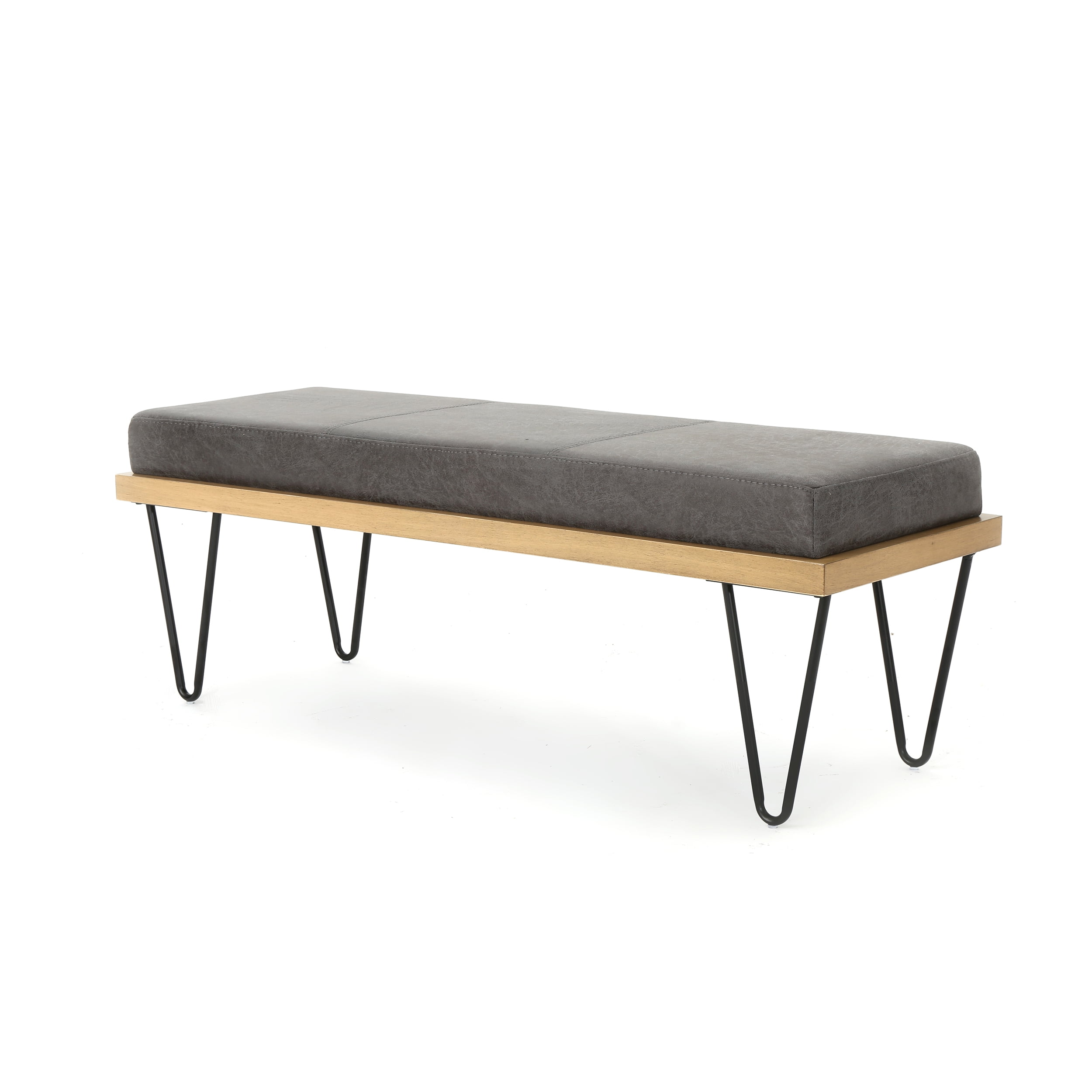 Slate and Matte Black Faux-Pine Veneer Industrial Bench