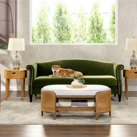 Elaine 77" Camel Back Small Space Sofa, Olive Green Performance Velvet