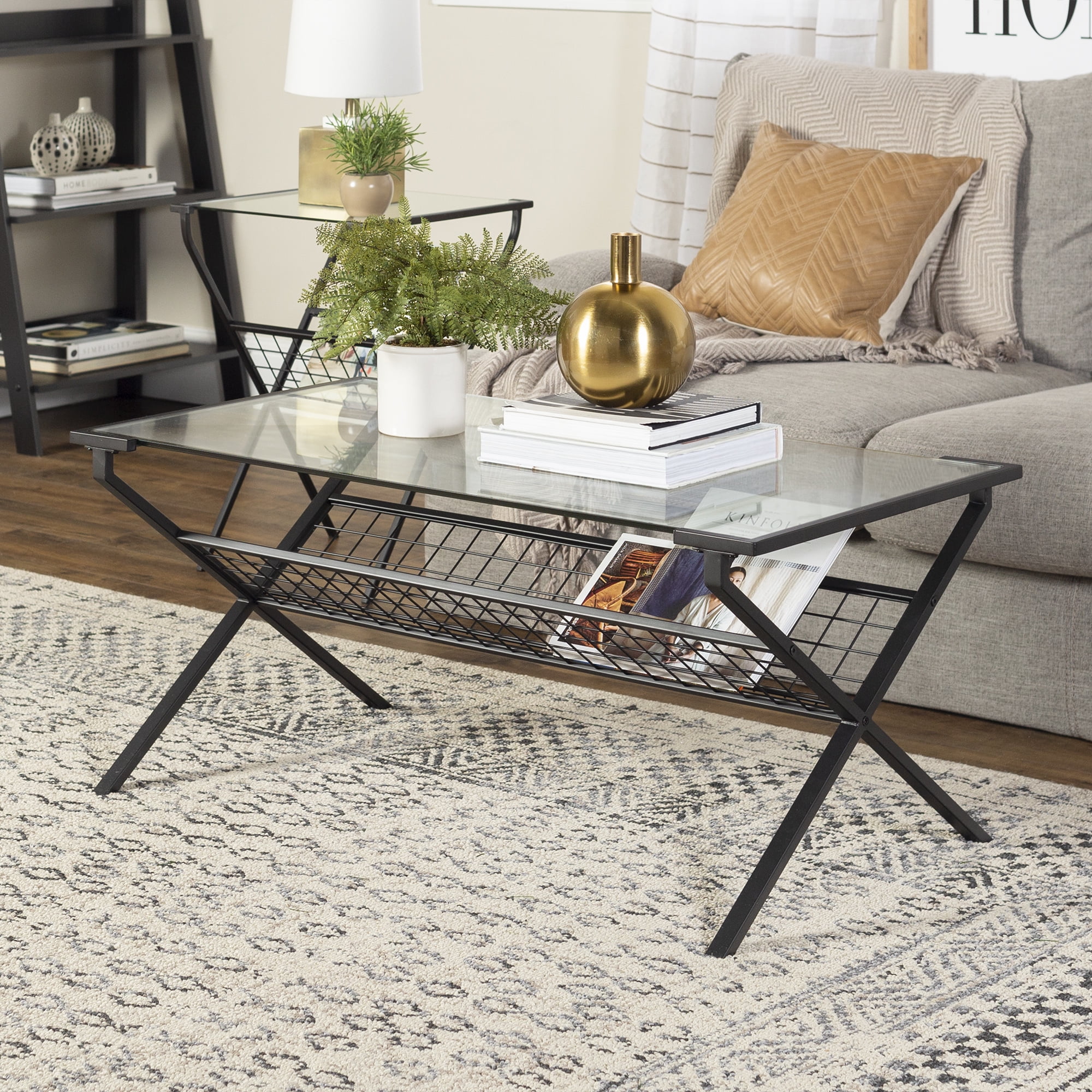 Elaine Metal & Glass with Magazine Holder Coffee Table by Chateau Lyon