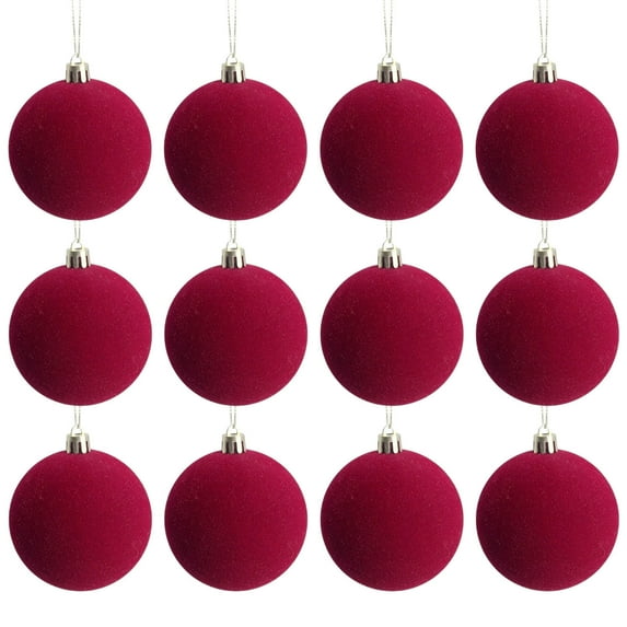 Elainilye 12 Pack Velvet Flocked Christmas Ball Ornaments, 3 Inch Red Plastic Hanging Tree Decorations for Xmas Tree Decoration and Home Decor