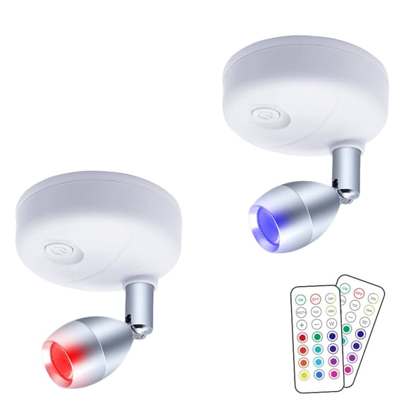 Elainilye 2-Pack RGB Wireless Spotlight, LED Spot Light with Dimmer & Timer, Battery Operated Accent Light with Remote, Puck Light with Rotatable Head for Painting Picture Artwork Closet
