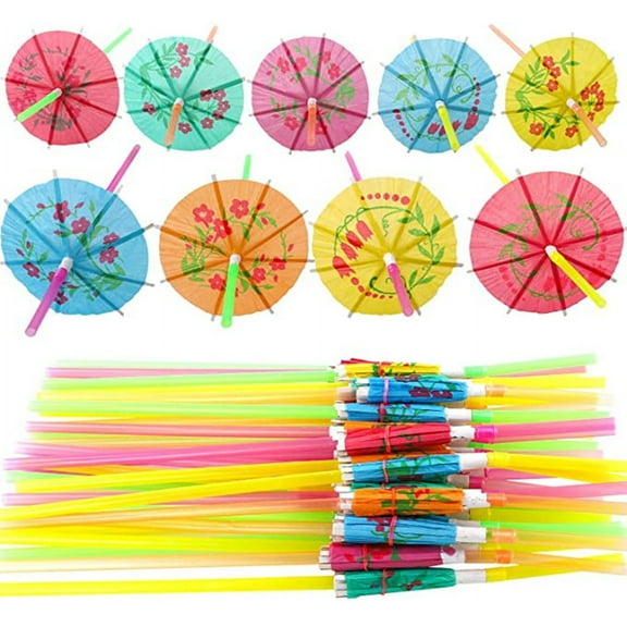 Elainilye 200pcs Umbrella Drink Straws, 9.45 Inch Disposable Paper Straws Assorted Colors, Umbrella Straws for Cocktail, Juice,Great for Summer Beach, Party, Bar, 200 Pcs