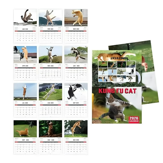 Elainilye 2026 Kung Fu Cat Funny Wall Calendar, Humorous Feline Themed Calendar for Home Office Gift for Cat and Kung Fu Enthusiasts