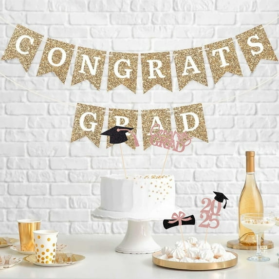 Elainilye 24Pcs Graduation Cupcake Toppers, 4 Styles Black & Gold Graduation Cake Toppers, Glitter Design Class of 2025 Grad Cupcake Picks, Disposable 2025 Graduation Party Decorations