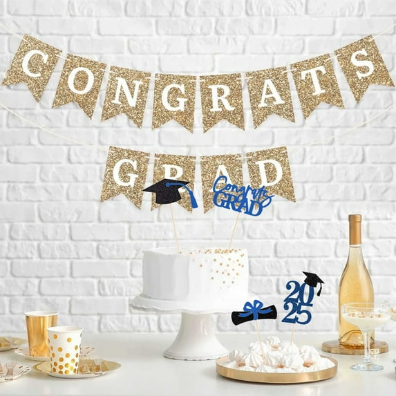 Elainilye 24Pcs Graduation Cupcake Toppers, 4 Styles Black & Gold Graduation Cake Toppers, Glitter Design Class of 2025 Grad Cupcake Picks, Disposable 2025 Graduation Party Decorations